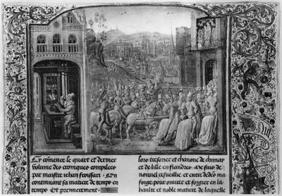 Froissart writing his chronicle, Isabella of Bavaria entering Paris in 1389, from Froissart